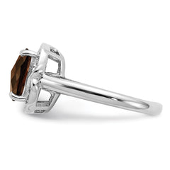 Sterling Silver Rhodium Diam. & Checker-Cut Smoky Quartz Ring - 7