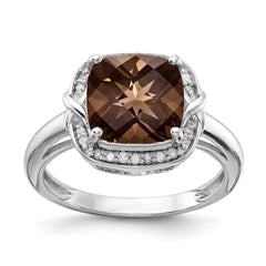 Sterling Silver Rhodium Diam. & Checker-Cut Smoky Quartz Ring - 8