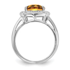 Sterling Silver Rhodium Diam. & Checker-Cut Whiskey Quartz Ring - 3