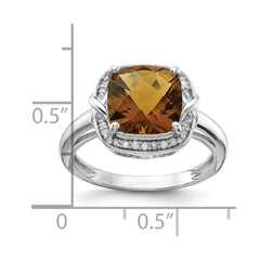 Sterling Silver Rhodium Diam. & Checker-Cut Whiskey Quartz Ring - 4