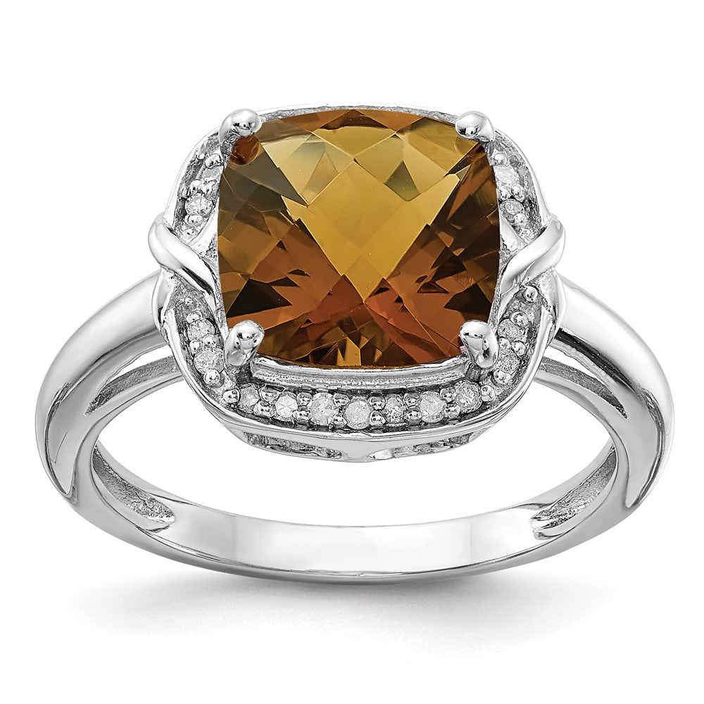 Sterling Silver Rhodium Diam. & Checker-Cut Whiskey Quartz Ring - 6