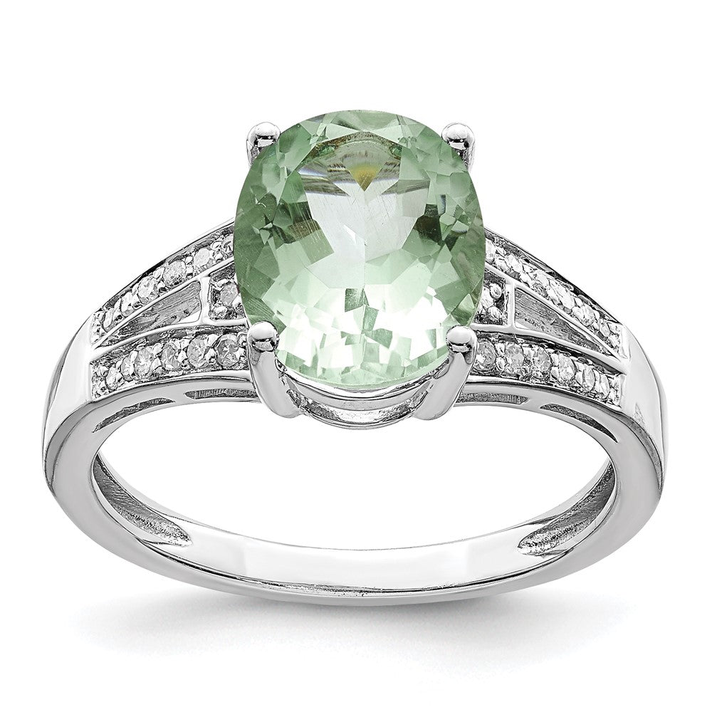 Sterling Silver Rhodium Diam. & Green Quartz Ring - 8
