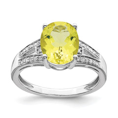 Sterling Silver Rhodium Diam. & Lemon Quartz Ring - 10
