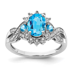 Sterling Silver Rhodium Diam. & Blue Topaz Ring - 15