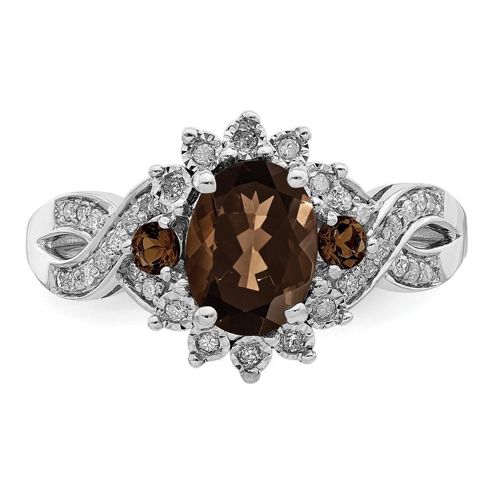 Sterling Silver Rhodium Diam. & Smoky Quartz Ring - 40