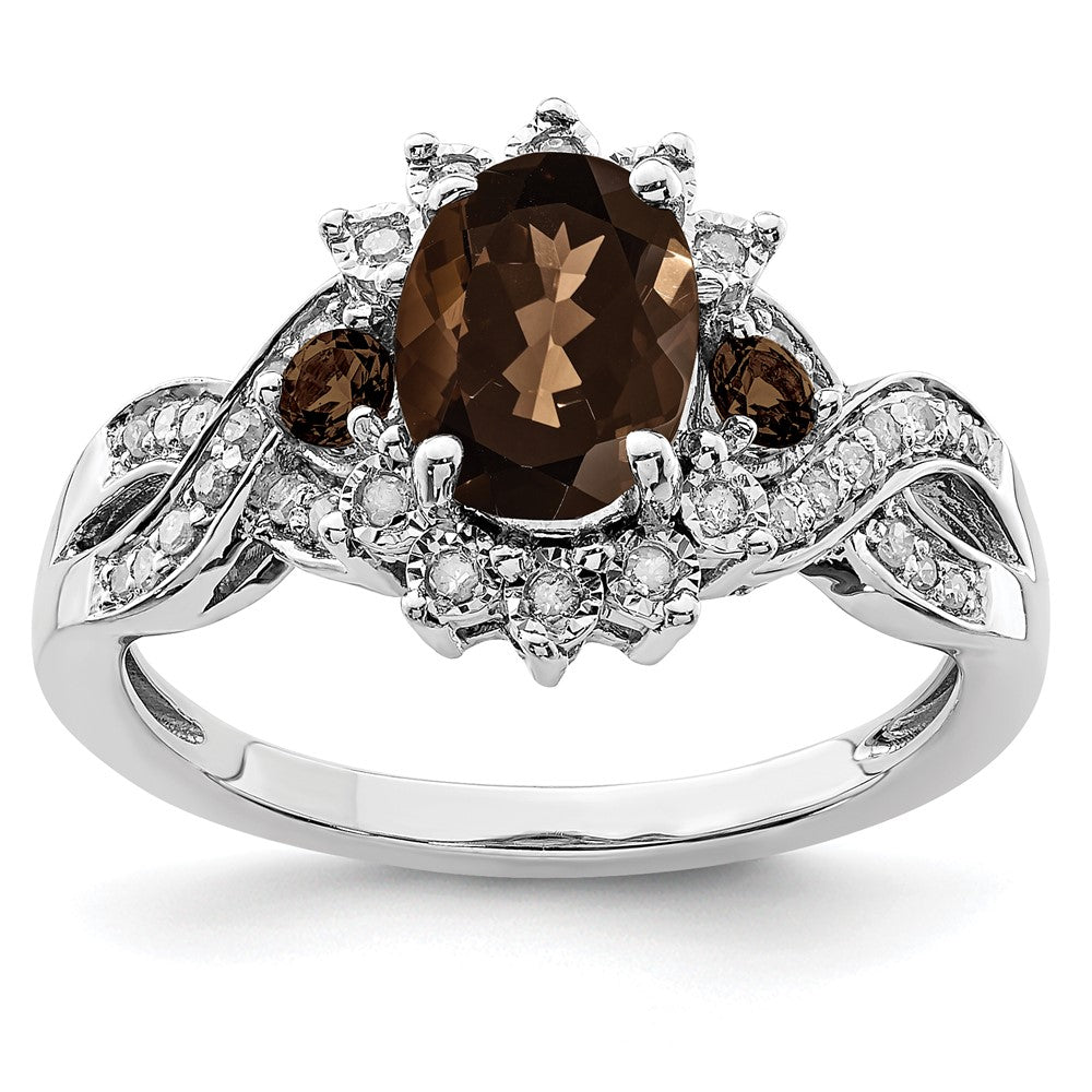 Sterling Silver Rhodium Diam. & Smoky Quartz Ring - 15