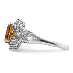 Sterling Silver Rhodium Diam. & Whiskey Quartz Ring - 8