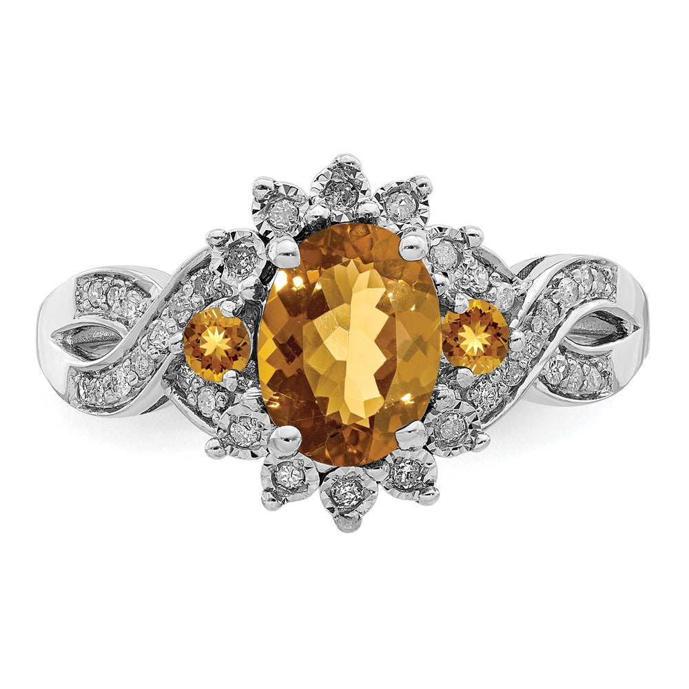 Sterling Silver Rhodium Diam. & Whiskey Quartz Ring - 8