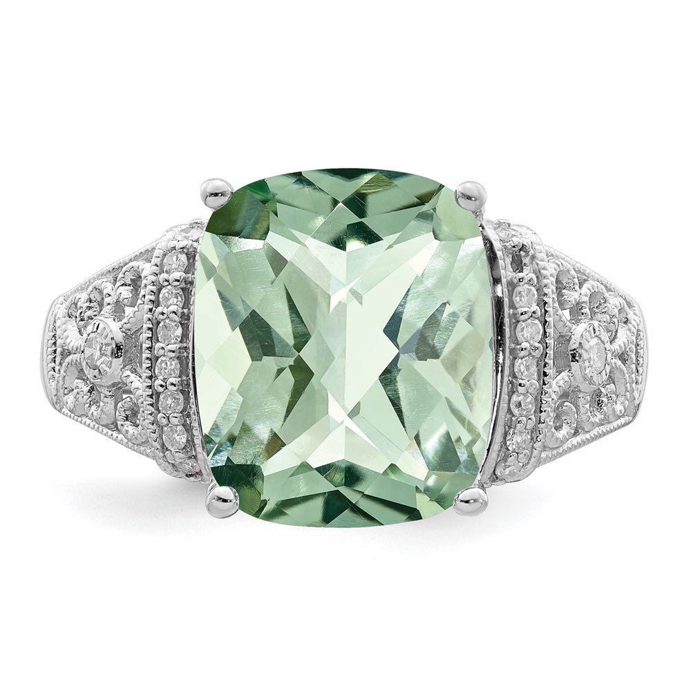 Sterling Silver Rhodium Diam. & Checker-Cut Green Quartz Ring - 11