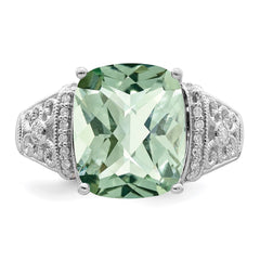 Sterling Silver Rhodium Diam. & Checker-Cut Green Quartz Ring - 12