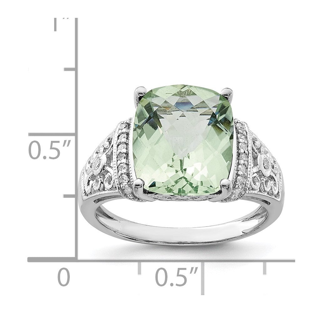 Sterling Silver Rhodium Diam. & Checker-Cut Green Quartz Ring - 12
