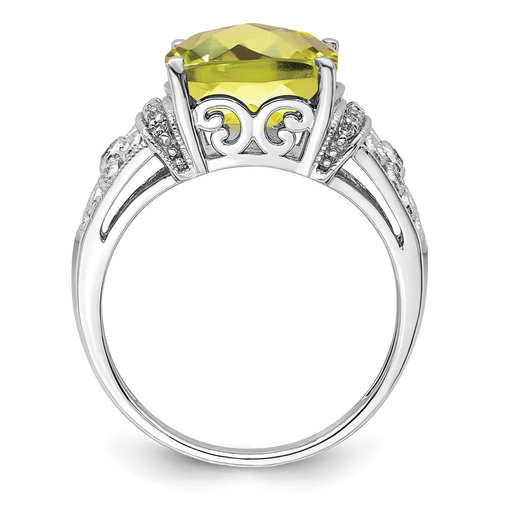 Sterling Silver Rhodium Diam. & Checker-Cut Lemon Quartz Ring - 9