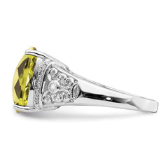 Sterling Silver Rhodium Diam. & Checker-Cut Lemon Quartz Ring - 9