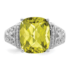 Sterling Silver Rhodium Diam. & Checker-Cut Lemon Quartz Ring - 9