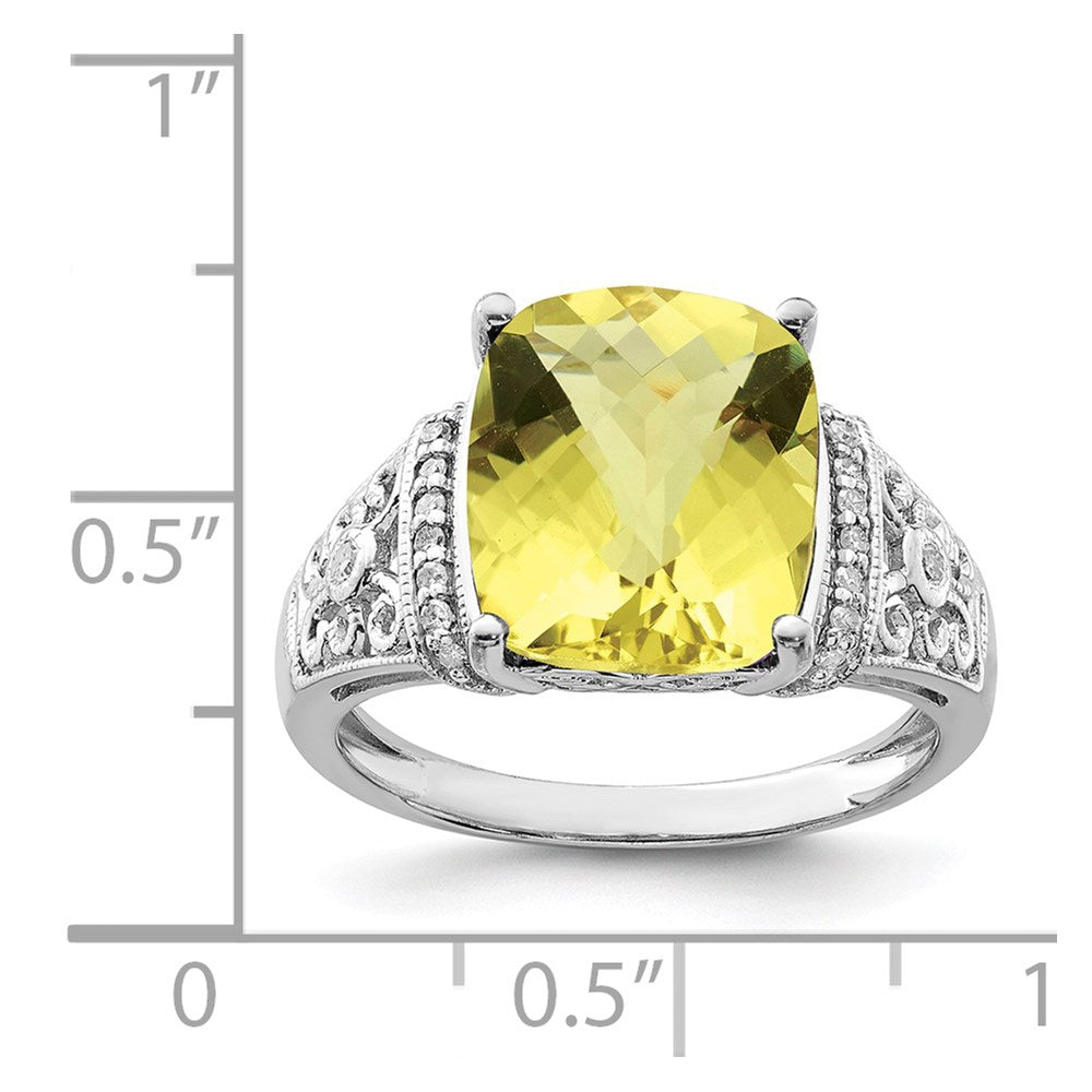 Sterling Silver Rhodium Diam. & Checker-Cut Lemon Quartz Ring - 9