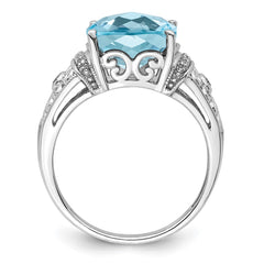 Sterling Silver Rhodium Diam. & Checker-Cut Sky Blue Topaz Ring - 12