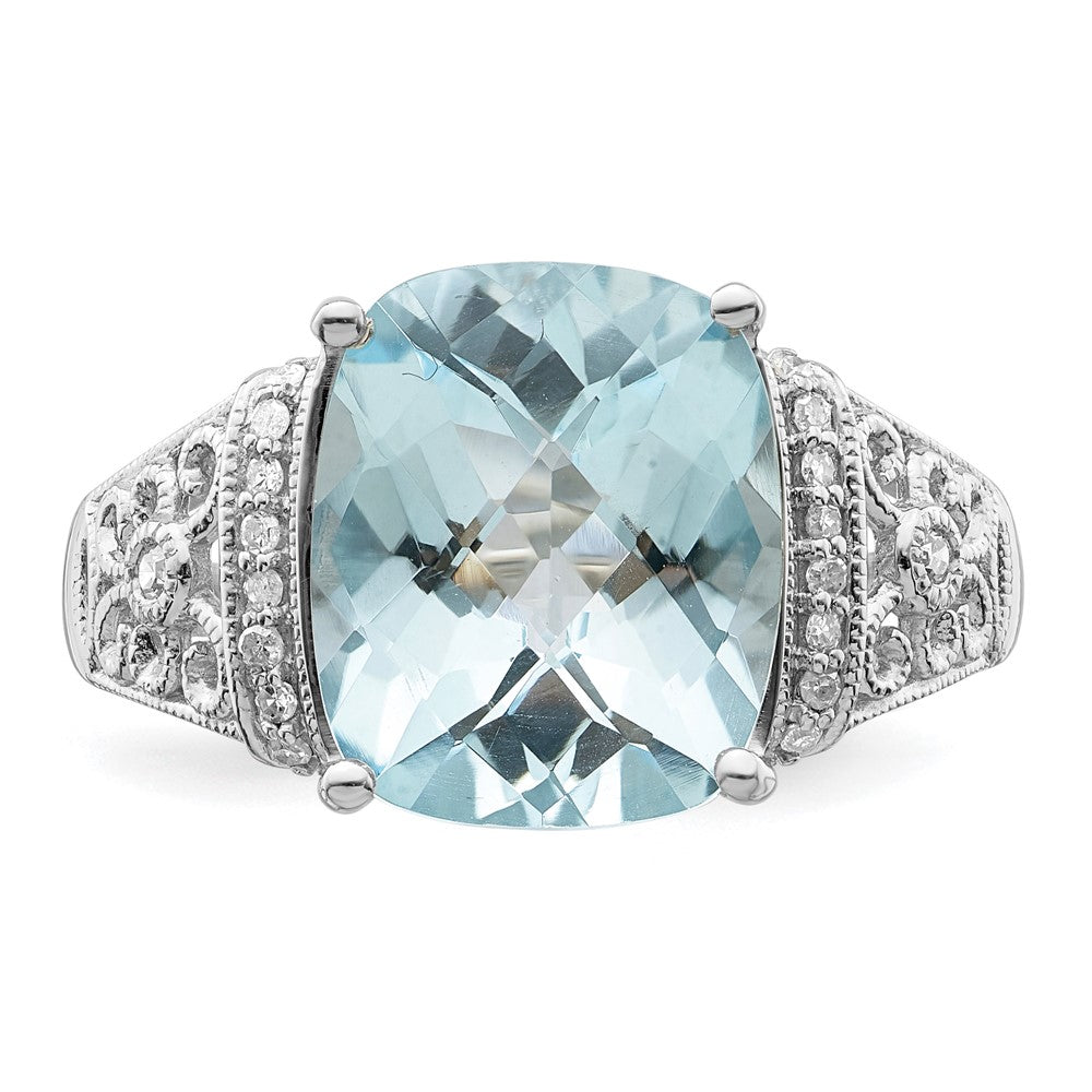 Sterling Silver Rhodium Diam. & Checker-Cut Sky Blue Topaz Ring - 11