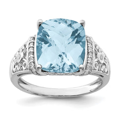 Sterling Silver Rhodium Diam. & Checker-Cut Sky Blue Topaz Ring - 11