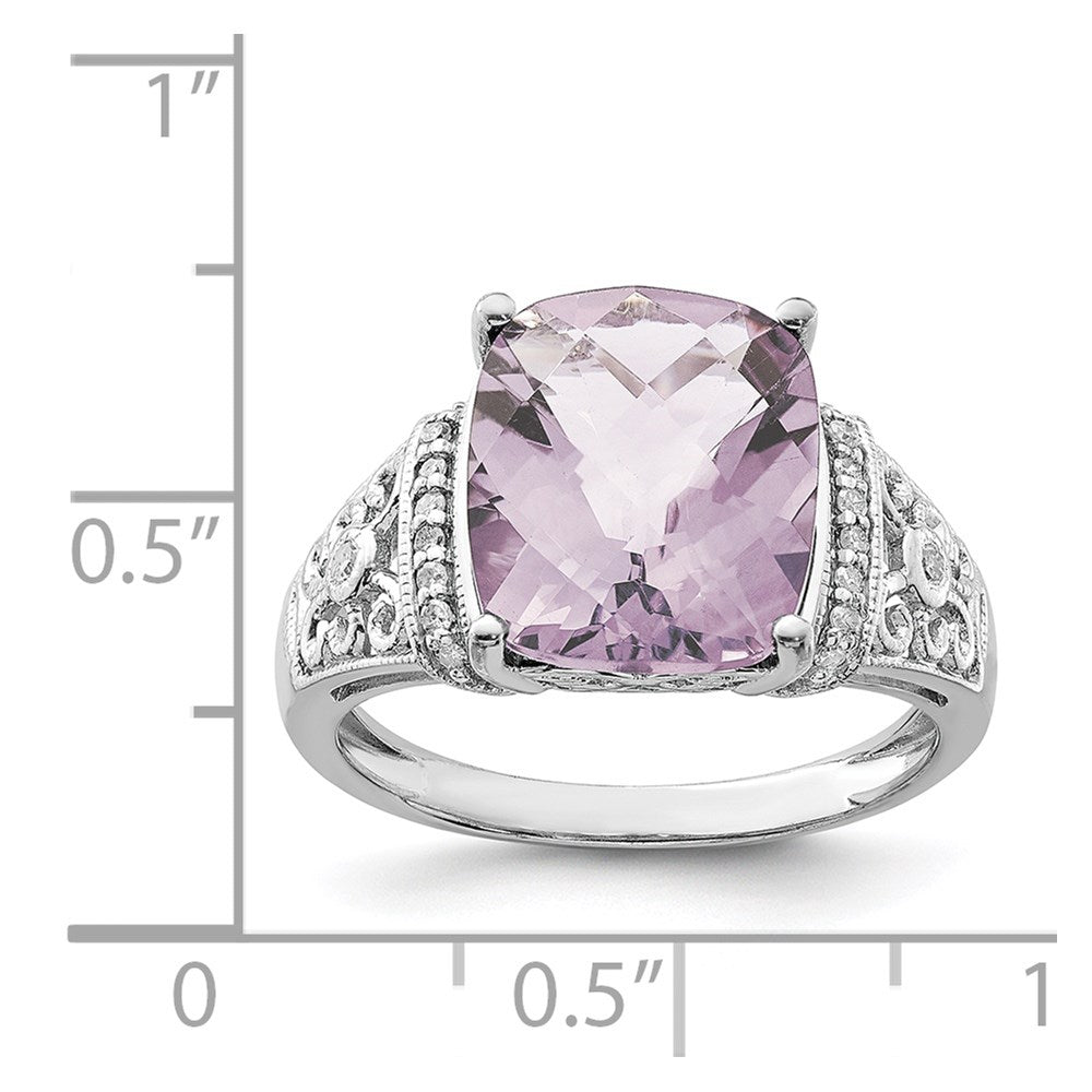 Sterling Silver Rhodium Diam. & Checker-Cut Pink Quartz Ring - 12