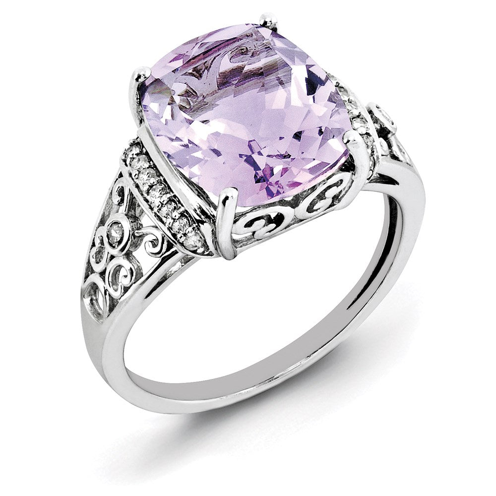 Sterling Silver Rhodium Diam. & Checker-Cut Pink Quartz Ring - 12