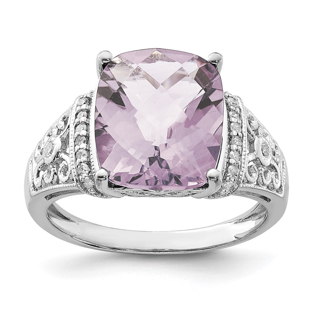 Sterling Silver Rhodium Diam. & Checker-Cut Pink Quartz Ring - 12