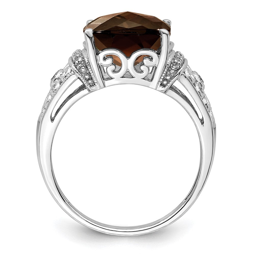 Sterling Silver Rhodium Diam. & Checker-Cut Smoky Quartz Ring - 12
