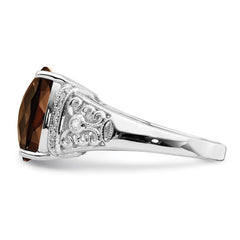 Sterling Silver Rhodium Diam. & Checker-Cut Smoky Quartz Ring - 11