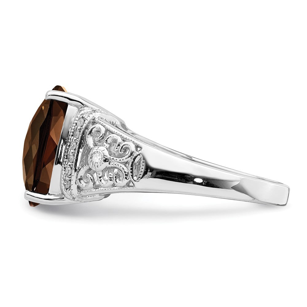Sterling Silver Rhodium Diam. & Checker-Cut Smoky Quartz Ring - 12