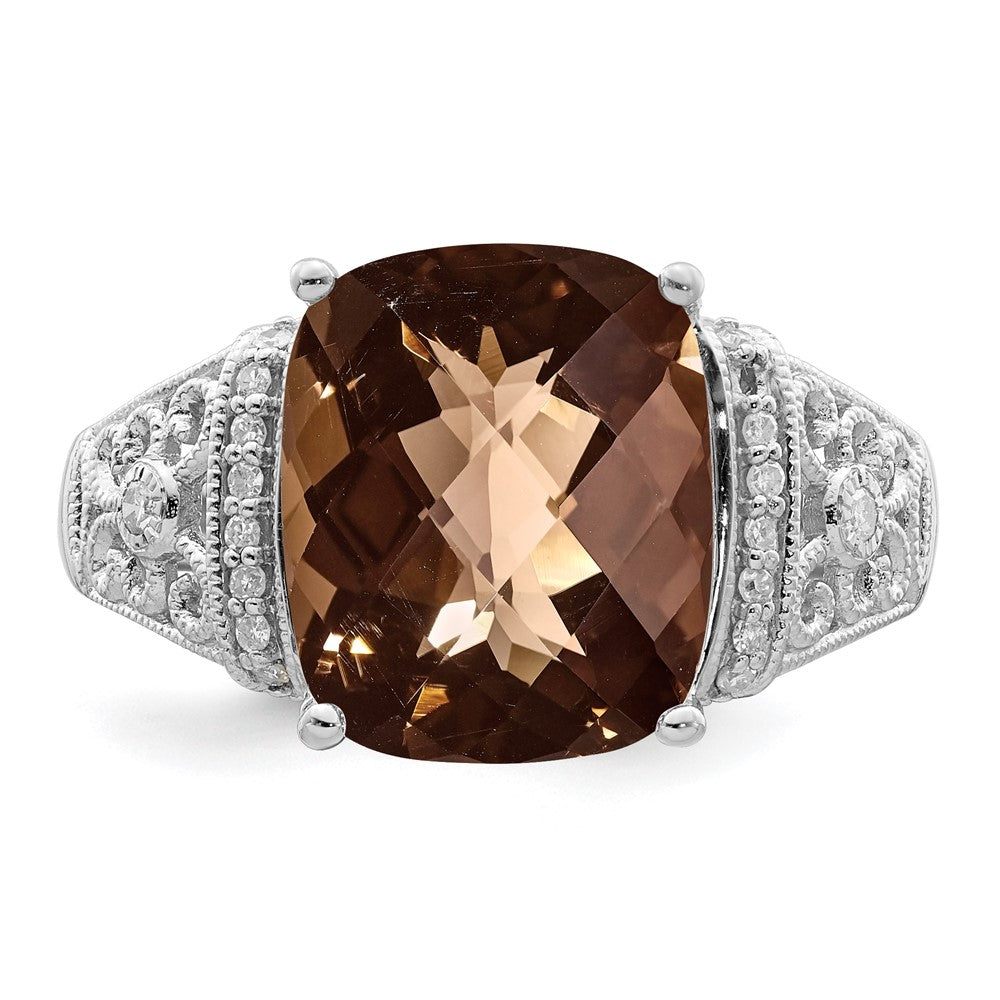Sterling Silver Rhodium Diam. & Checker-Cut Smoky Quartz Ring - 11