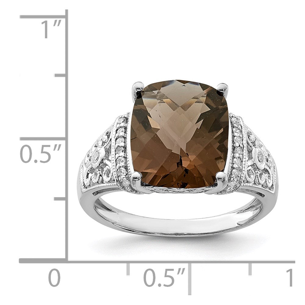 Sterling Silver Rhodium Diam. & Checker-Cut Smoky Quartz Ring - 11