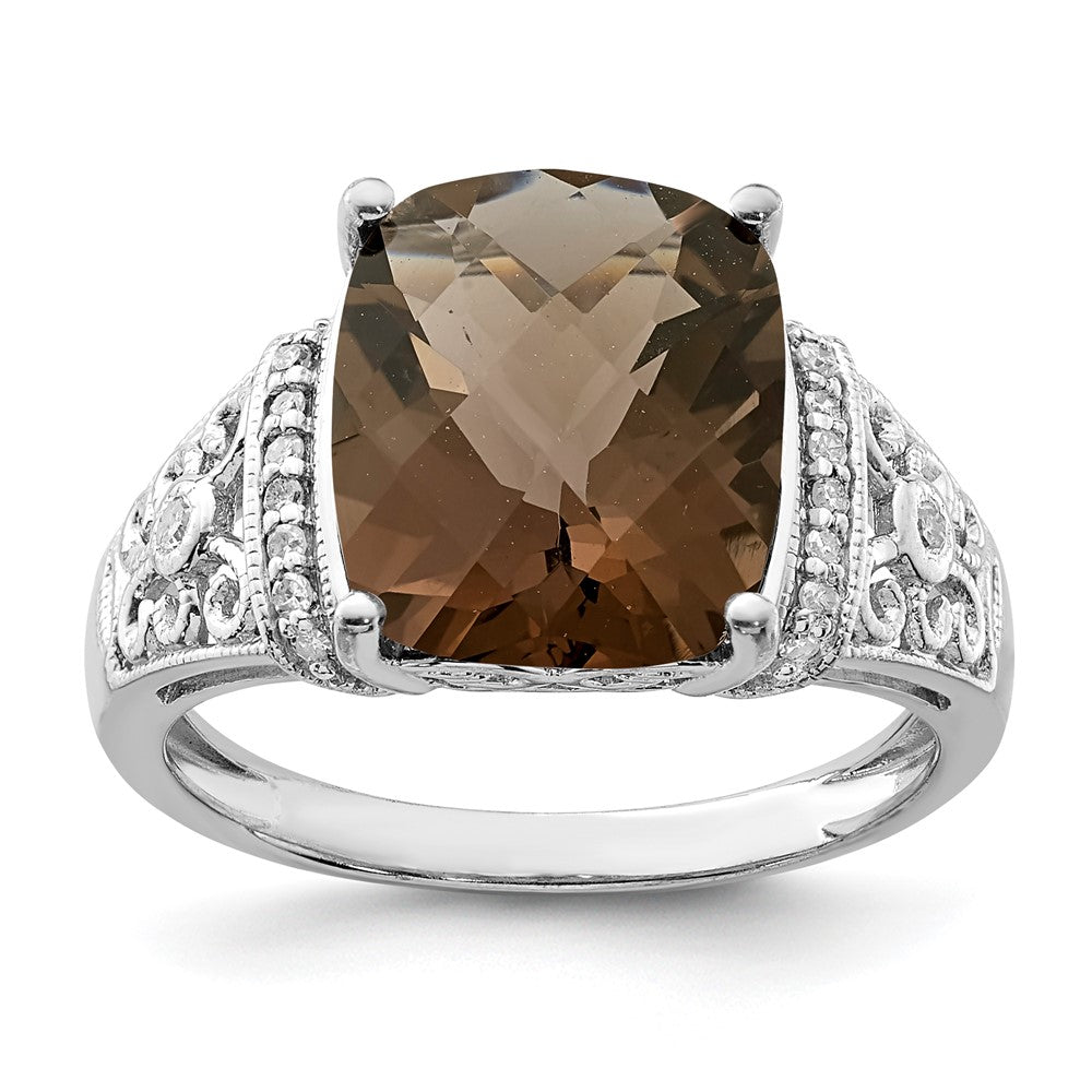 Sterling Silver Rhodium Diam. & Checker-Cut Smoky Quartz Ring - 12