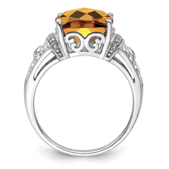 Sterling Silver Rhodium Diam. & Checker-Cut Whiskey Quartz Ring - 12