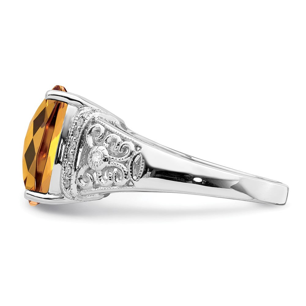 Sterling Silver Rhodium Diam. & Checker-Cut Whiskey Quartz Ring - 12