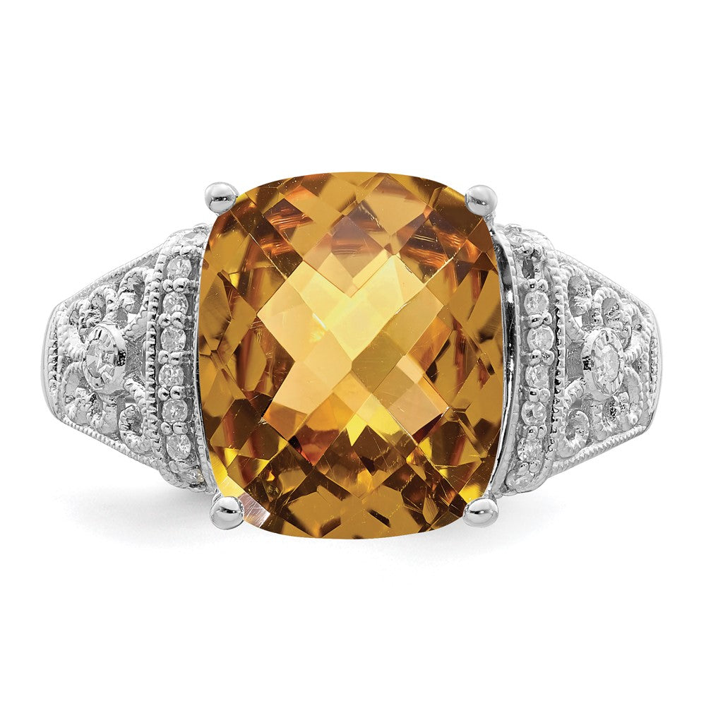Sterling Silver Rhodium Diam. & Checker-Cut Whiskey Quartz Ring - 12