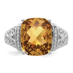 Sterling Silver Rhodium Diam. & Checker-Cut Whiskey Quartz Ring - 12