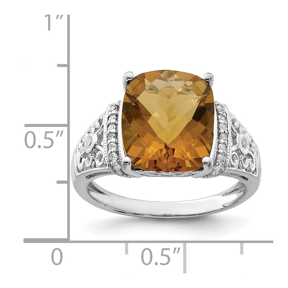 Sterling Silver Rhodium Diam. & Checker-Cut Whiskey Quartz Ring - 12