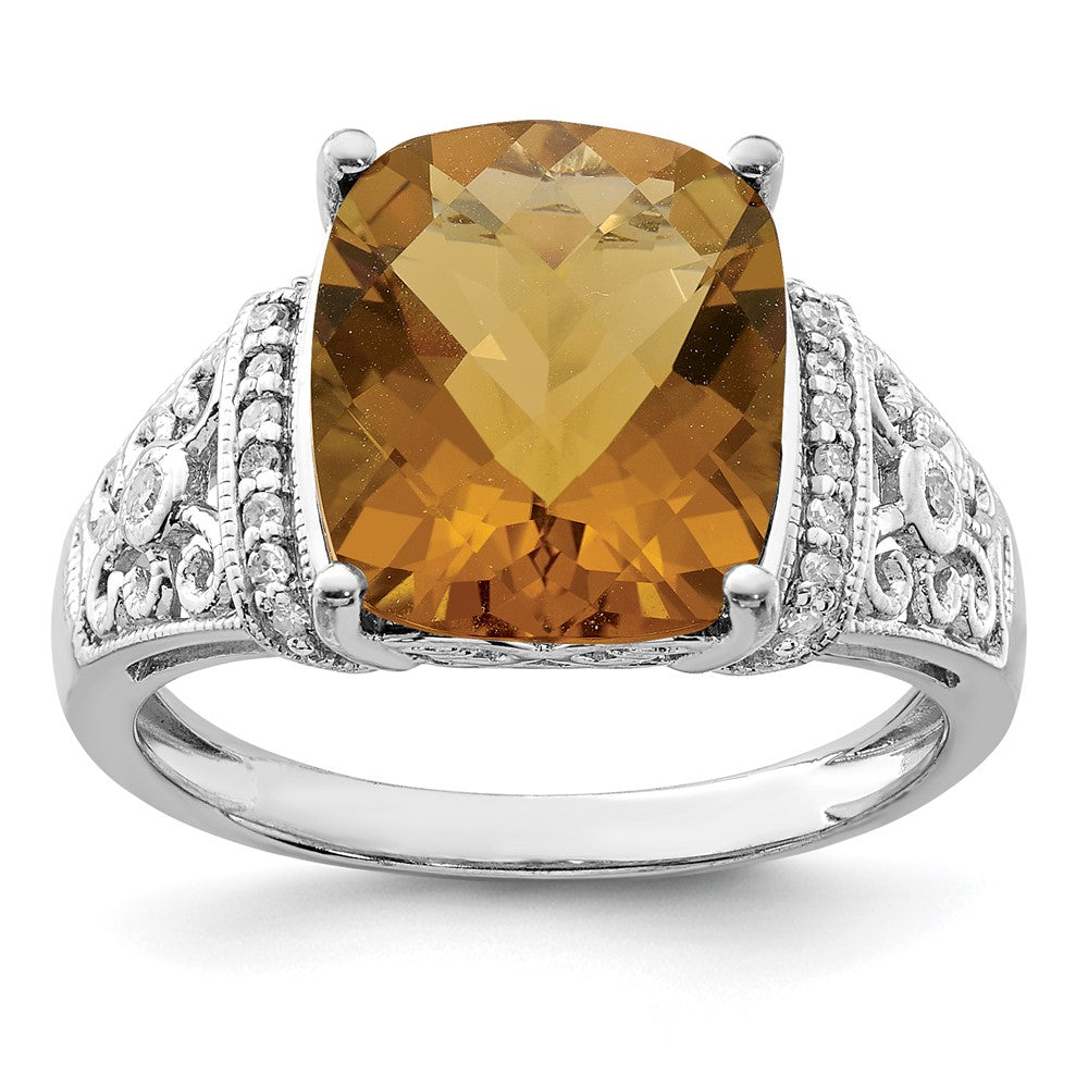 Sterling Silver Rhodium Diam. & Checker-Cut Whiskey Quartz Ring - 12