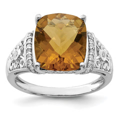 Sterling Silver Rhodium Diam. & Checker-Cut Whiskey Quartz Ring - 12