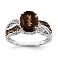 Sterling Silver Rhodium Diam. & Smoky Quartz Ring - 5