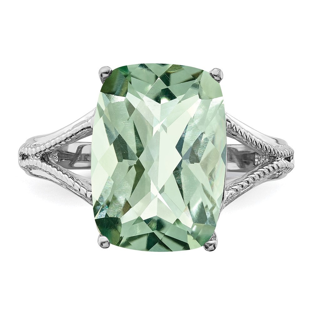 Sterling Silver Rhodium Checker-Cut Green Quartz Ring - 6