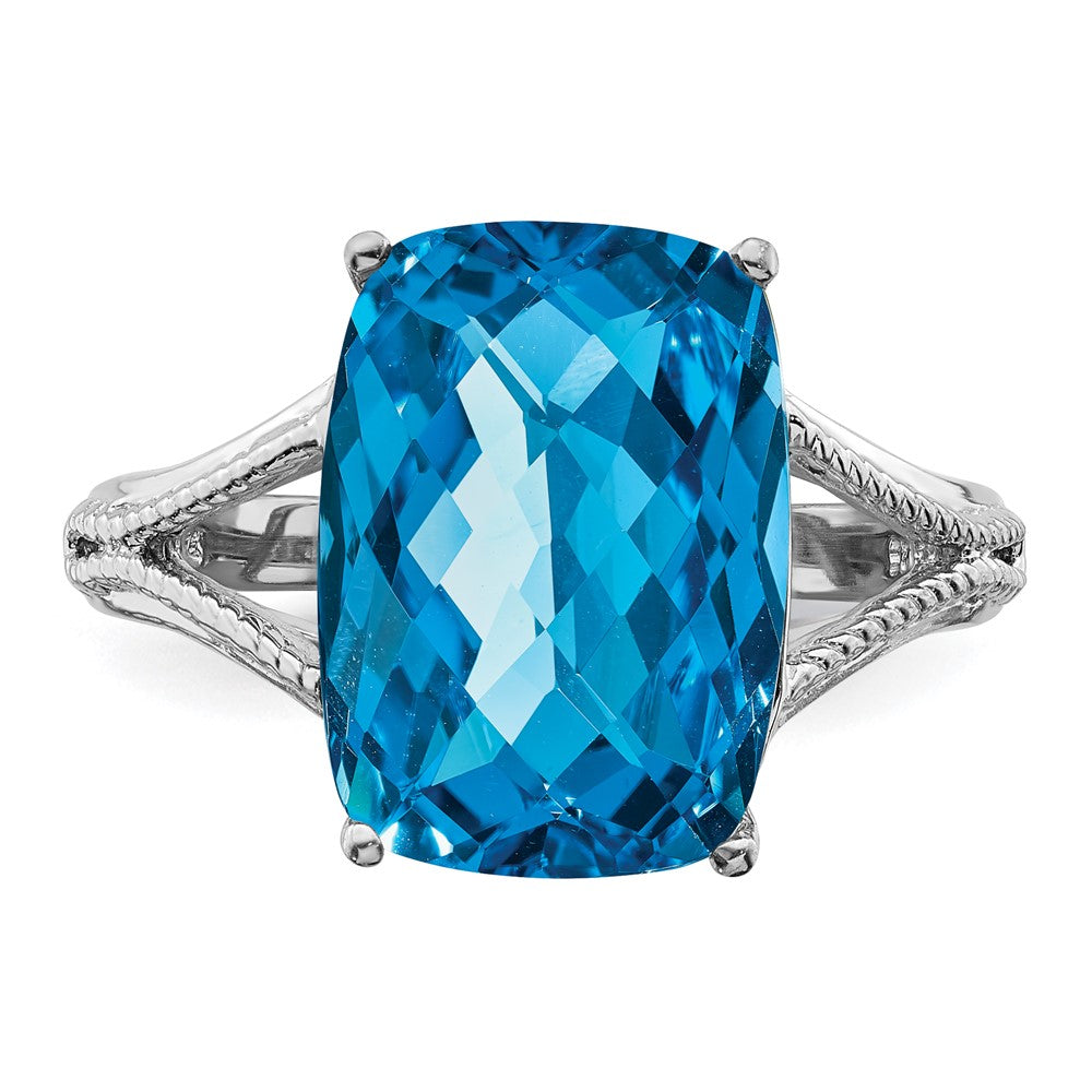Sterling Silver Rhodium Checker-Cut Blue Topaz Ring - 9