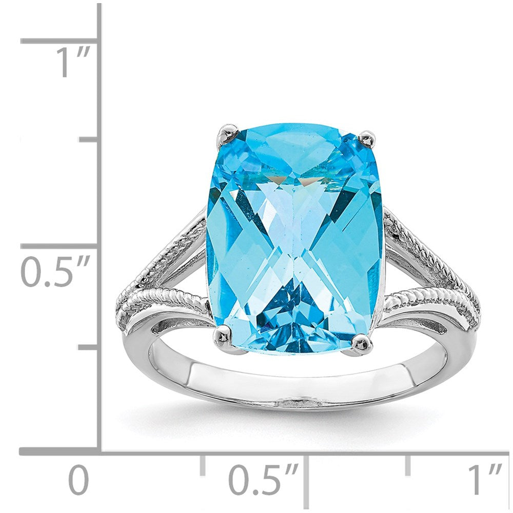 Sterling Silver Rhodium Checker-Cut Blue Topaz Ring - 9