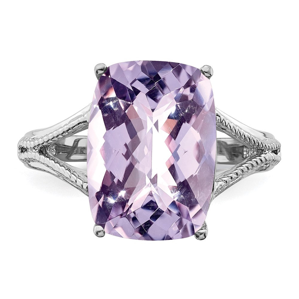 Sterling Silver Rhodium Checker-Cut Pink Quartz Ring - 6