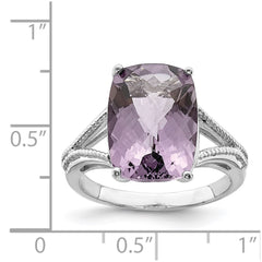 Sterling Silver Rhodium Checker-Cut Pink Quartz Ring - 6