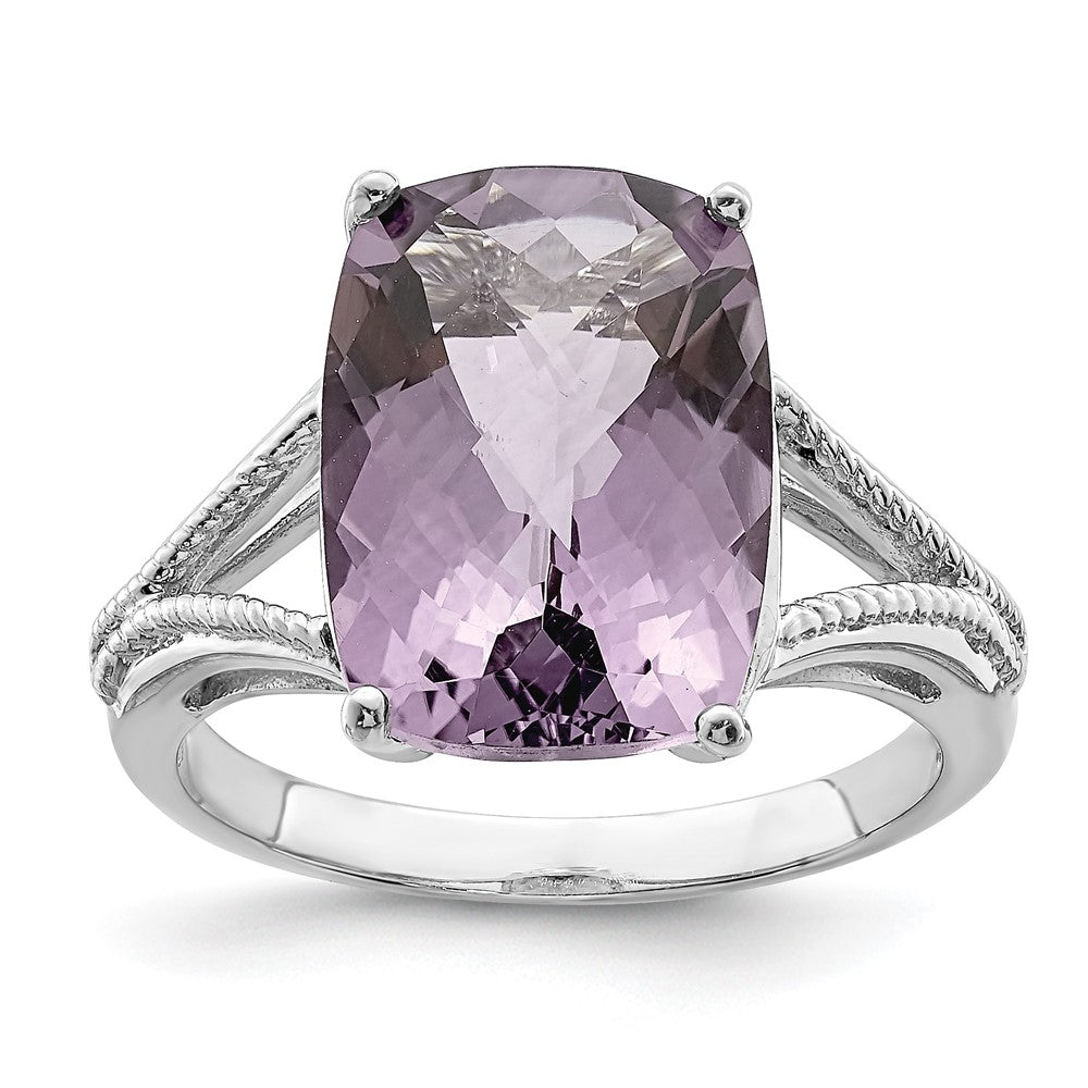 Sterling Silver Rhodium Checker-Cut Pink Quartz Ring - 2