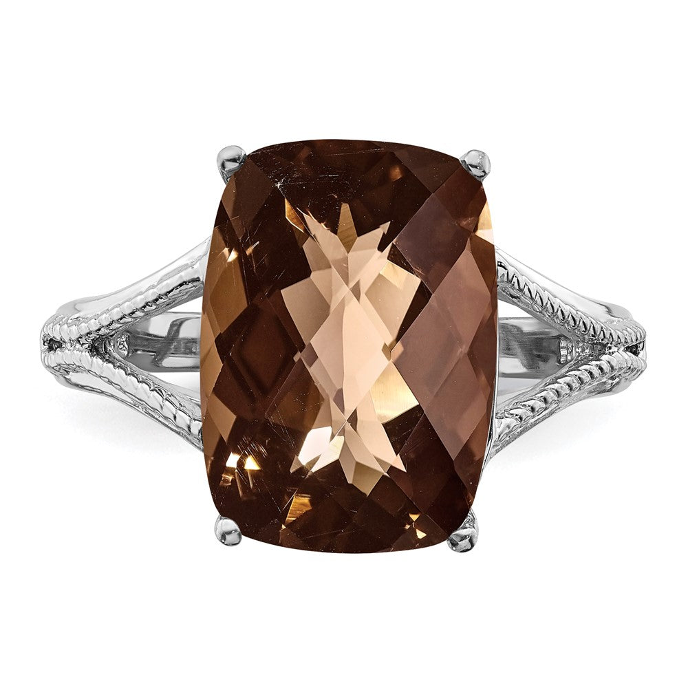 Sterling Silver Rhodium Checker-Cut Smoky Quartz Ring - 10