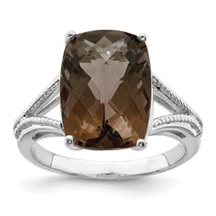 Sterling Silver Rhodium Checker-Cut Smoky Quartz Ring - 7