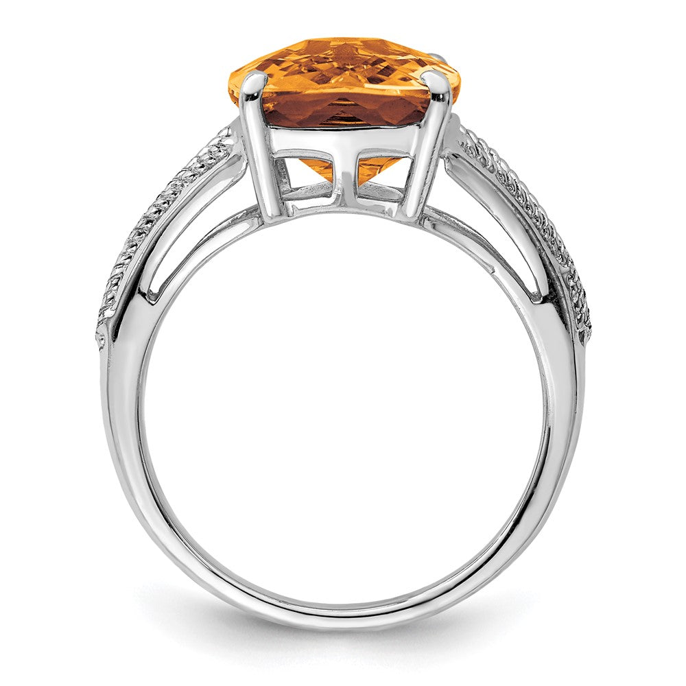 Sterling Silver Rhodium Checker-Cut Whiskey Quartz Ring - 11