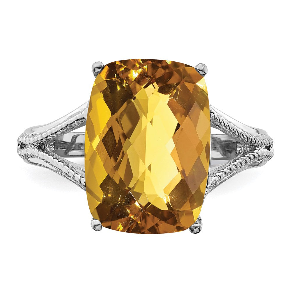 Sterling Silver Rhodium Checker-Cut Whiskey Quartz Ring - 10
