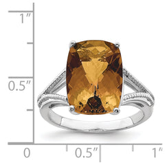 Sterling Silver Rhodium Checker-Cut Whiskey Quartz Ring - 11